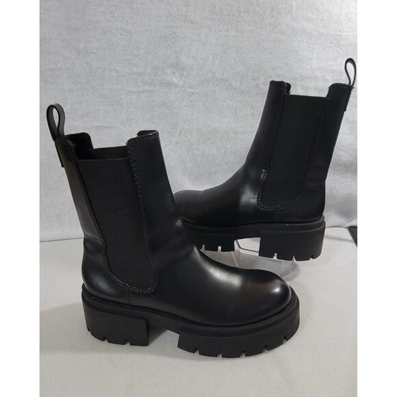 H&M Womens Black Leather Pull On Ankle Boots Chunky Heels Round Toe Size 39/8 - Picture 3 of 12